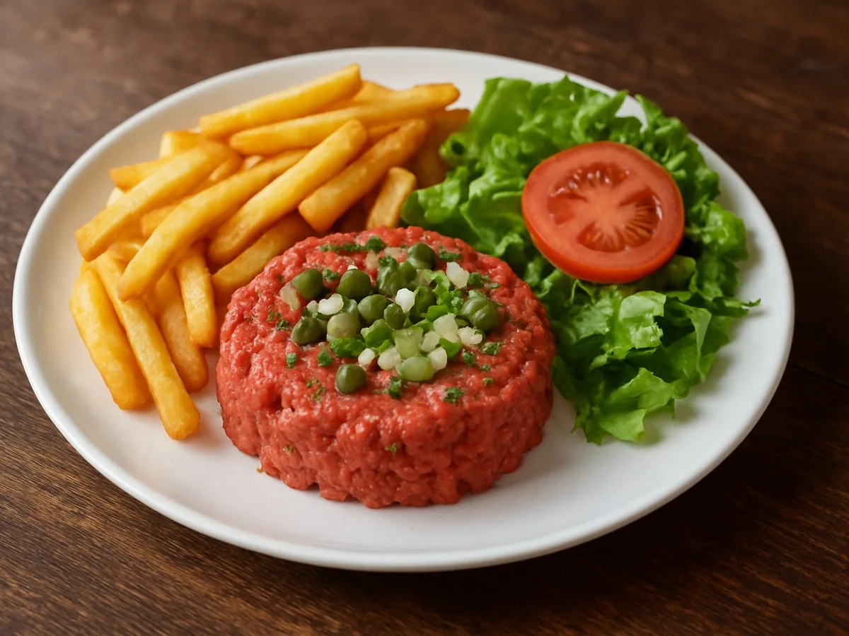 Filet américain de bœuf cru assaisonné aux câpres et oignon, avec frites et salade à la tomate