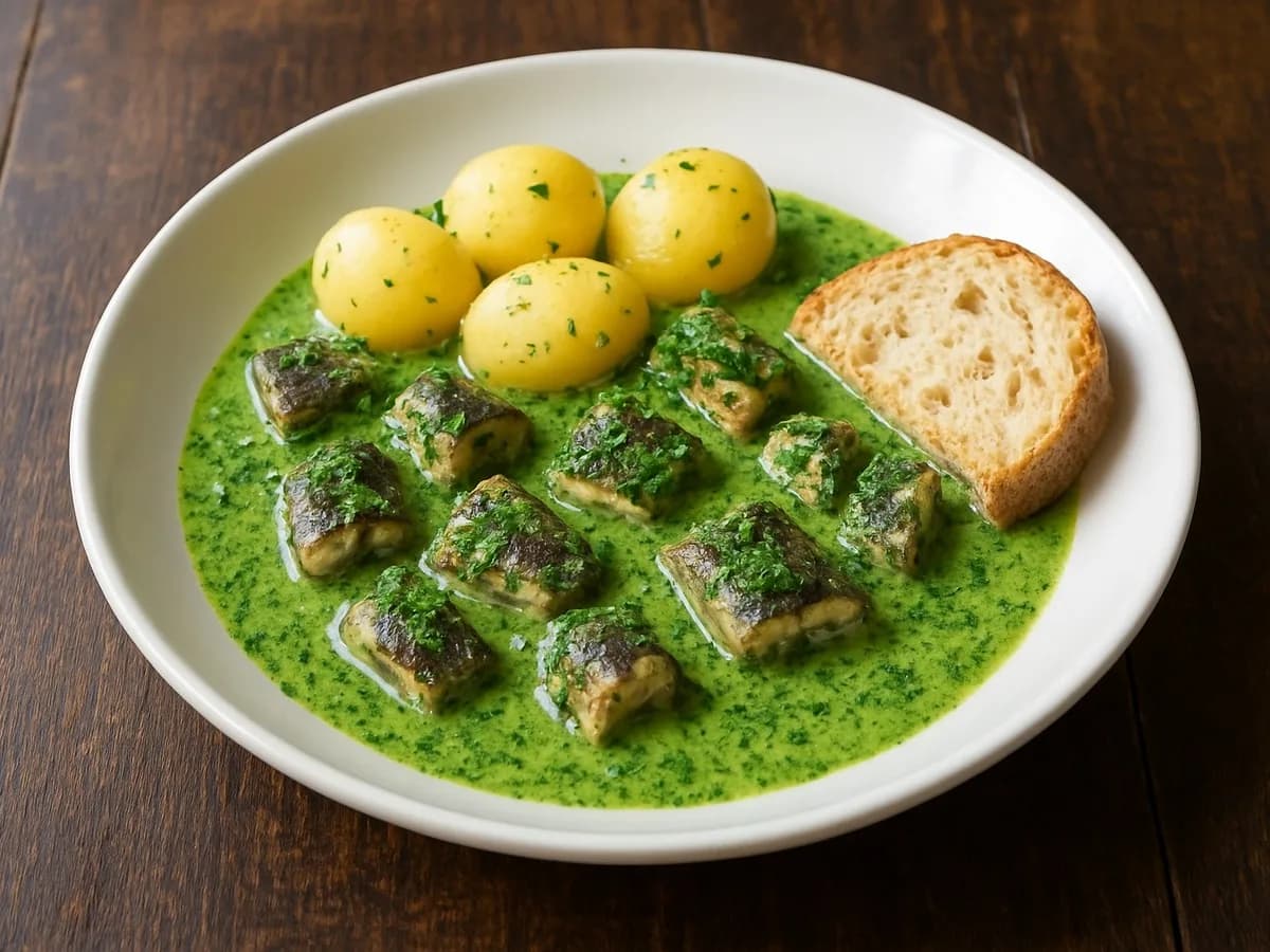 Tronçons d'anguille dans une sauce verte aux herbes, avec pommes de terre nature et une tranche de pain