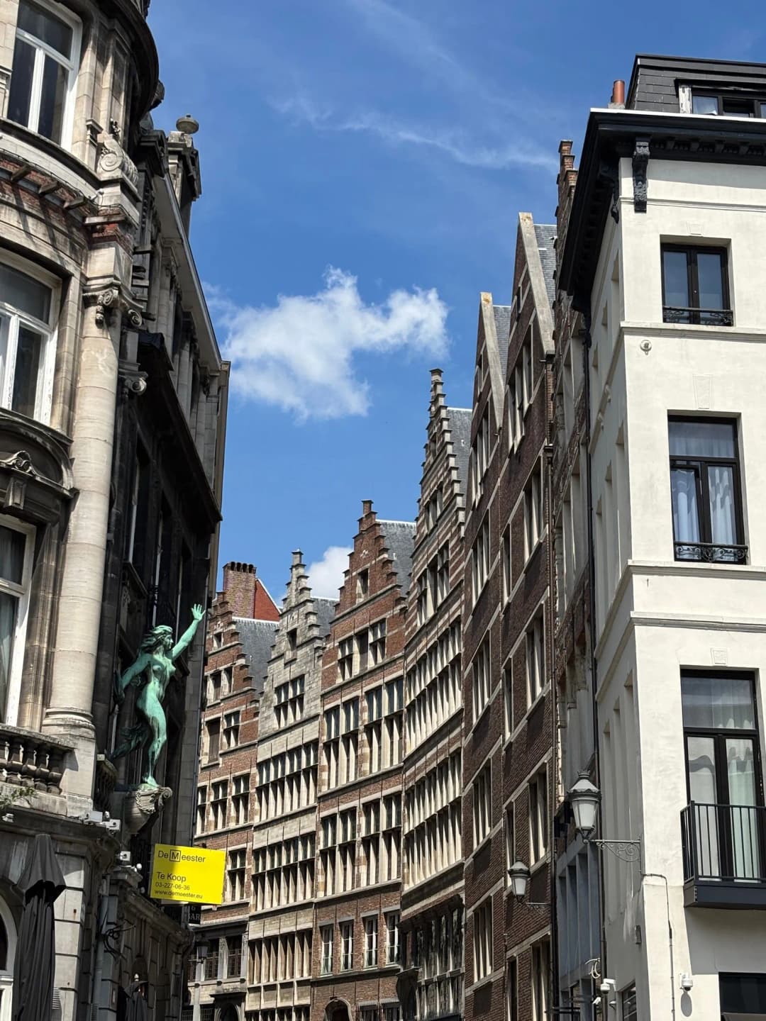 Pignons à redents d'une rue d'Anvers, avec un panneau immobilier Te Koop