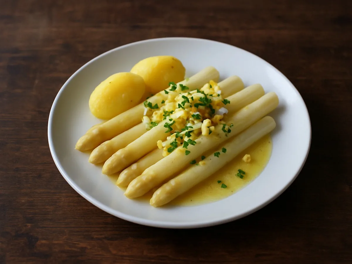 Asperges blanches à la flamande, beurre fondu, œuf dur écrasé et persil, avec pommes de terre nature