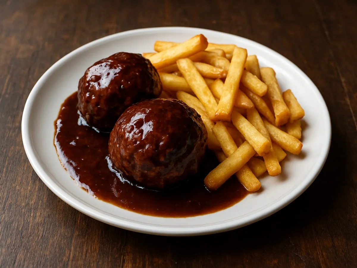 Deux boulets à la liégeoise nappés de sauce brune sucrée aux oignons, servis avec des frites dans une assiette blanche