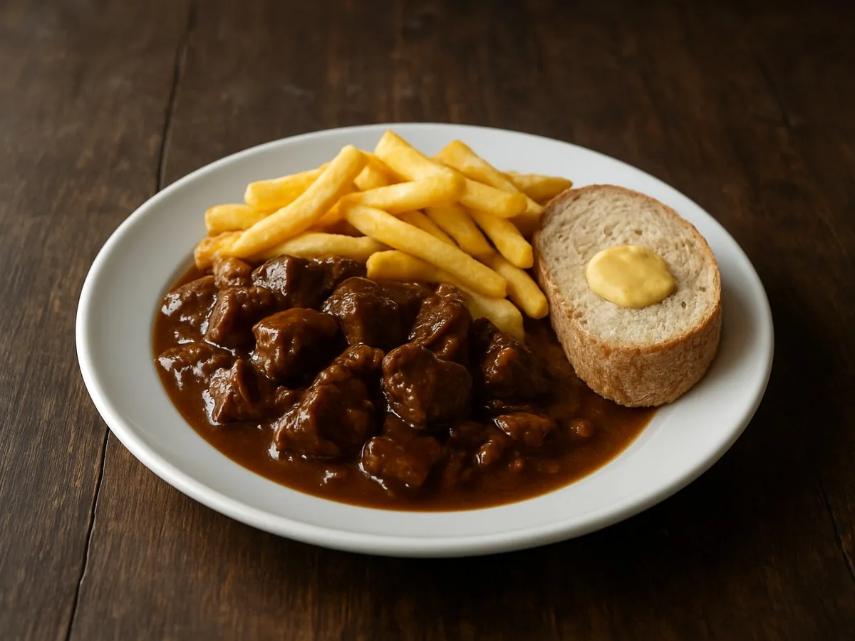Carbonnade flamande : morceaux de bœuf en sauce brune à la bière, frites et tranche de pain à la moutarde, dans une assiette blanche