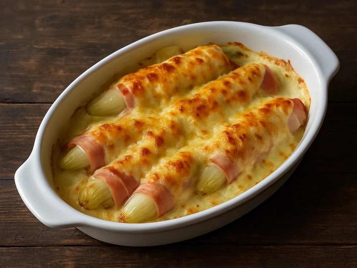 Chicons roulés dans du jambon, nappés de béchamel gratinée, dans un plat à gratin blanc