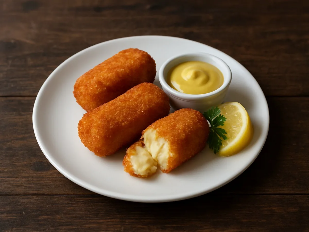 Trois croquettes dorées, dont une ouverte sur sa garniture crémeuse, avec une coupelle de sauce moutarde et un quartier de citron