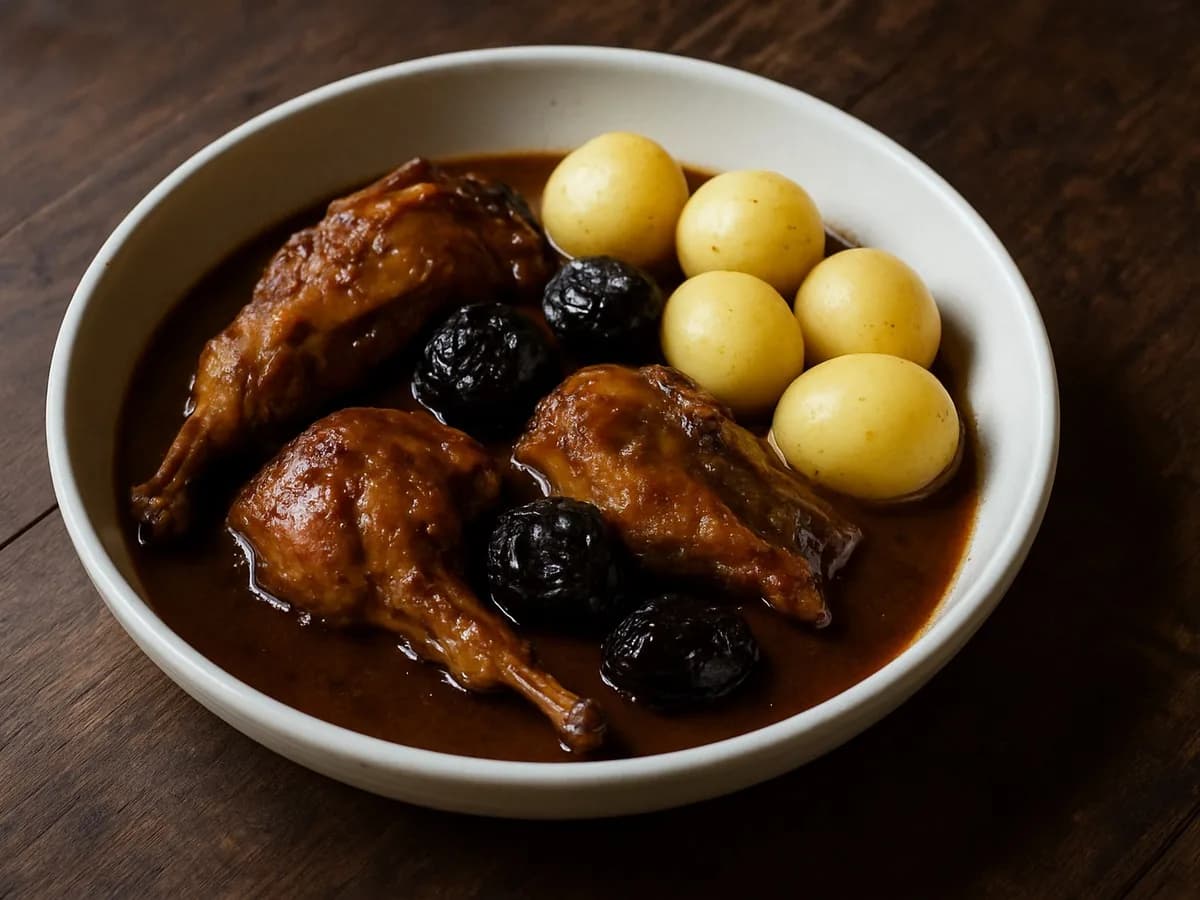 Lapin braisé en sauce brune à la bière avec pruneaux et pommes de terre nature