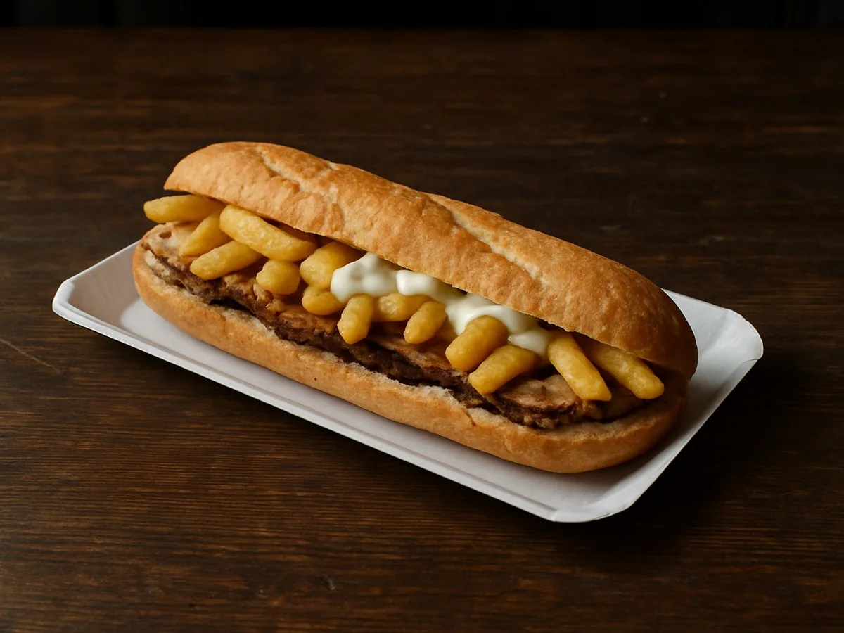 Mitraillette : demi-baguette garnie de viande grillée, de frites et de sauce blanche, sur un plateau en carton