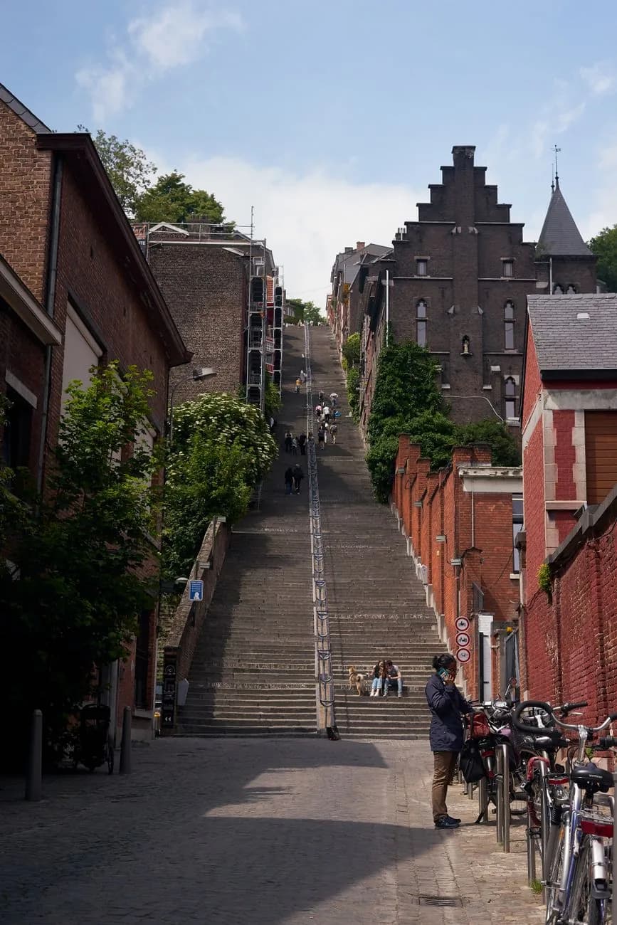 La rue pavée menant au pied de la Montagne de Bueren à Liège, l'escalier grimpant entre les maisons