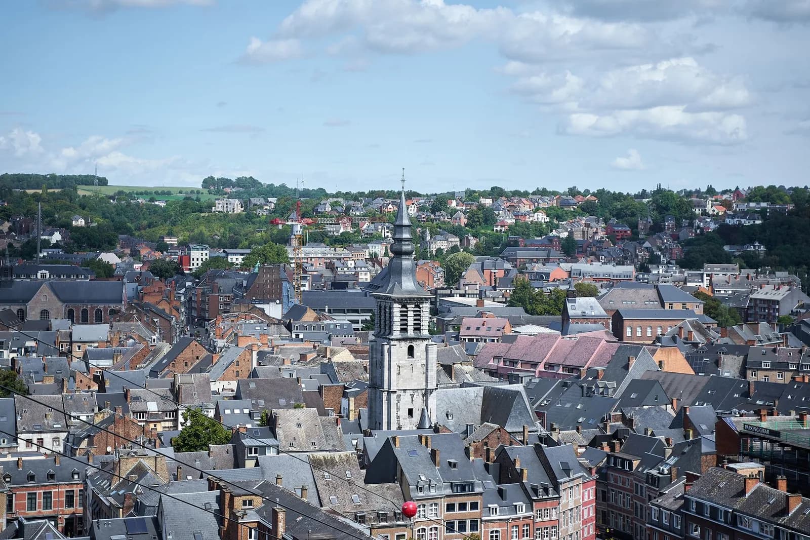 Les toits d'ardoise et de tuile de la vieille ville de Namur hérissés de clochers, vus depuis les hauteurs