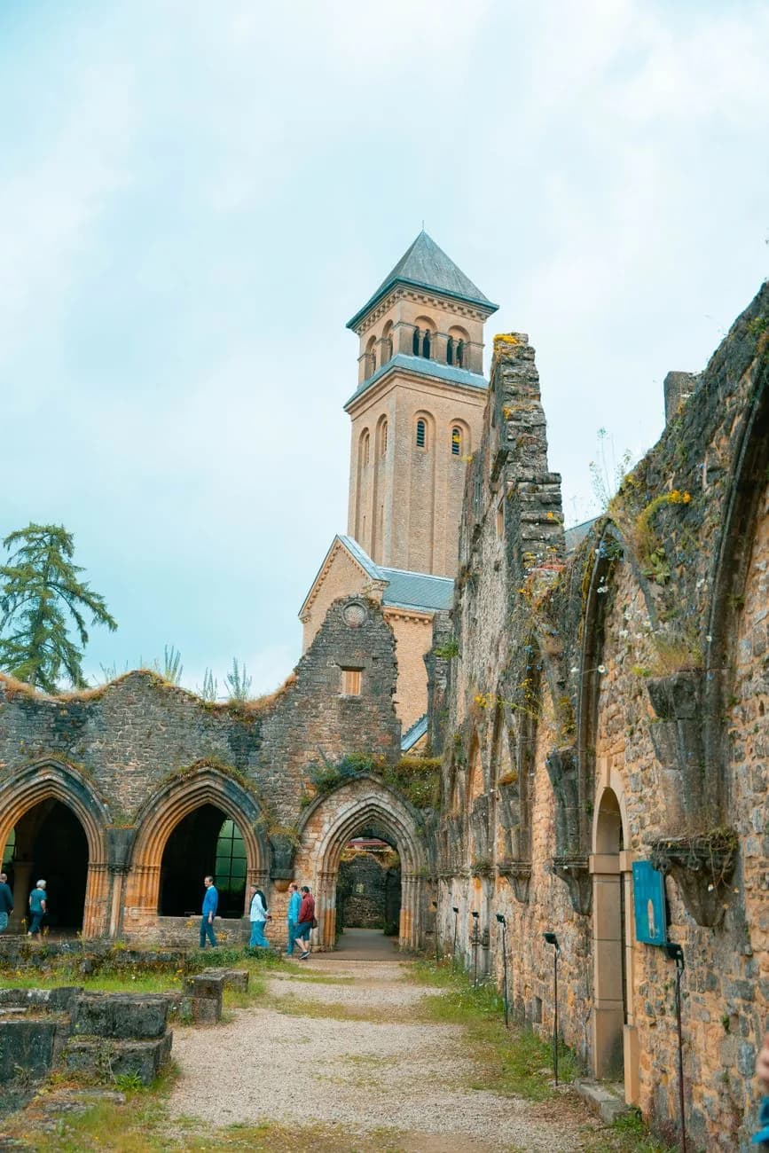 Les ruines gothiques de l'abbaye d'Orval devant la tour de l'abbaye moderne, avec des visiteurs dans l'allée