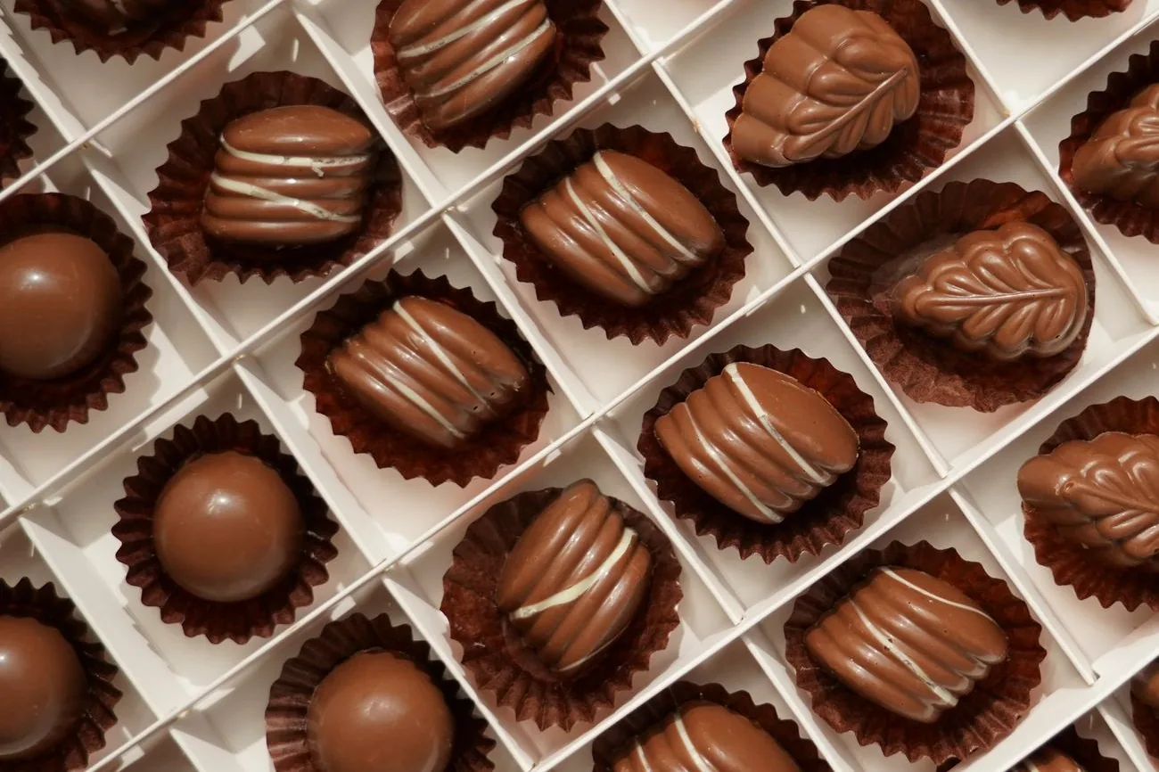 Assortiment de pralines au chocolat au lait dans une boîte à alvéoles, en forme de feuilles et de boules