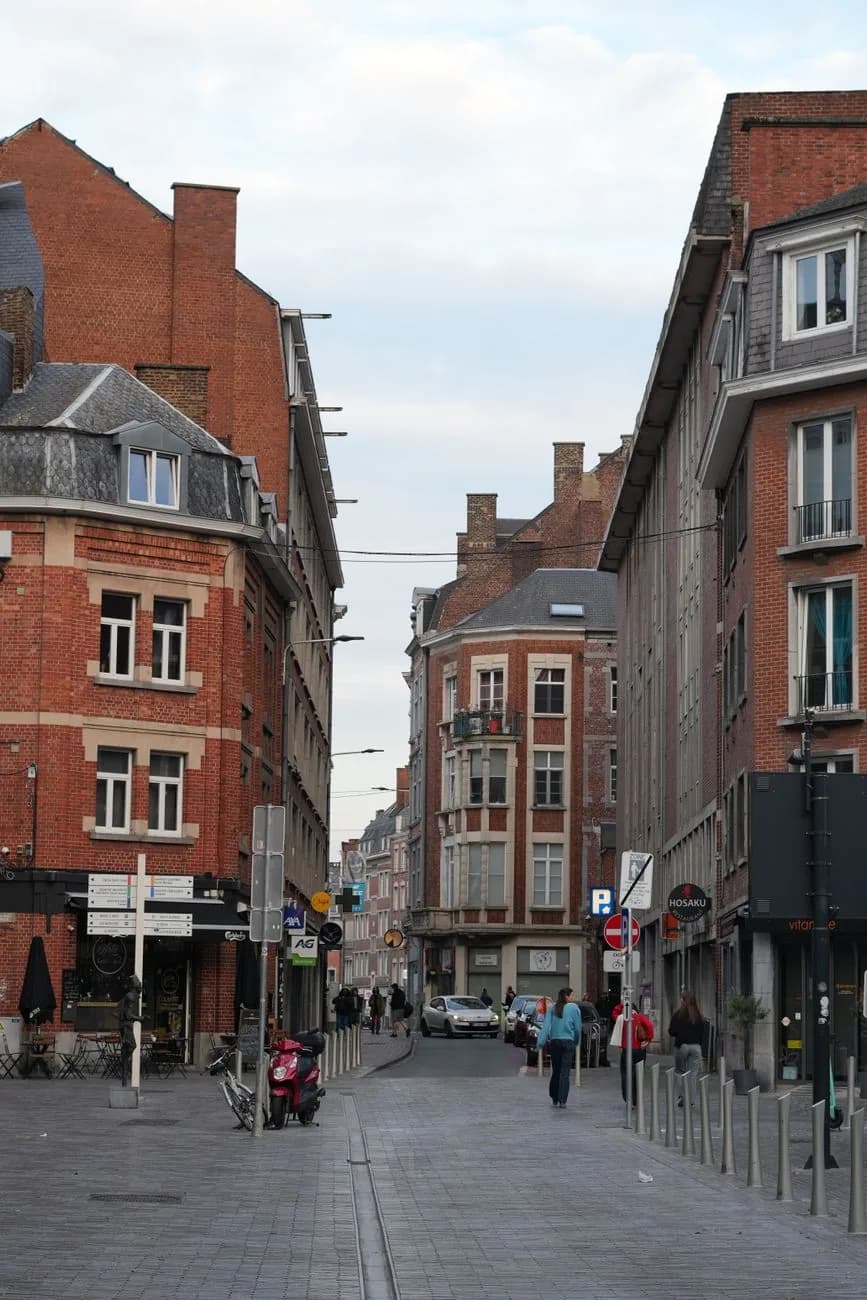 Rue commerçante en pente bordée d'immeubles de brique, avec quelques passants