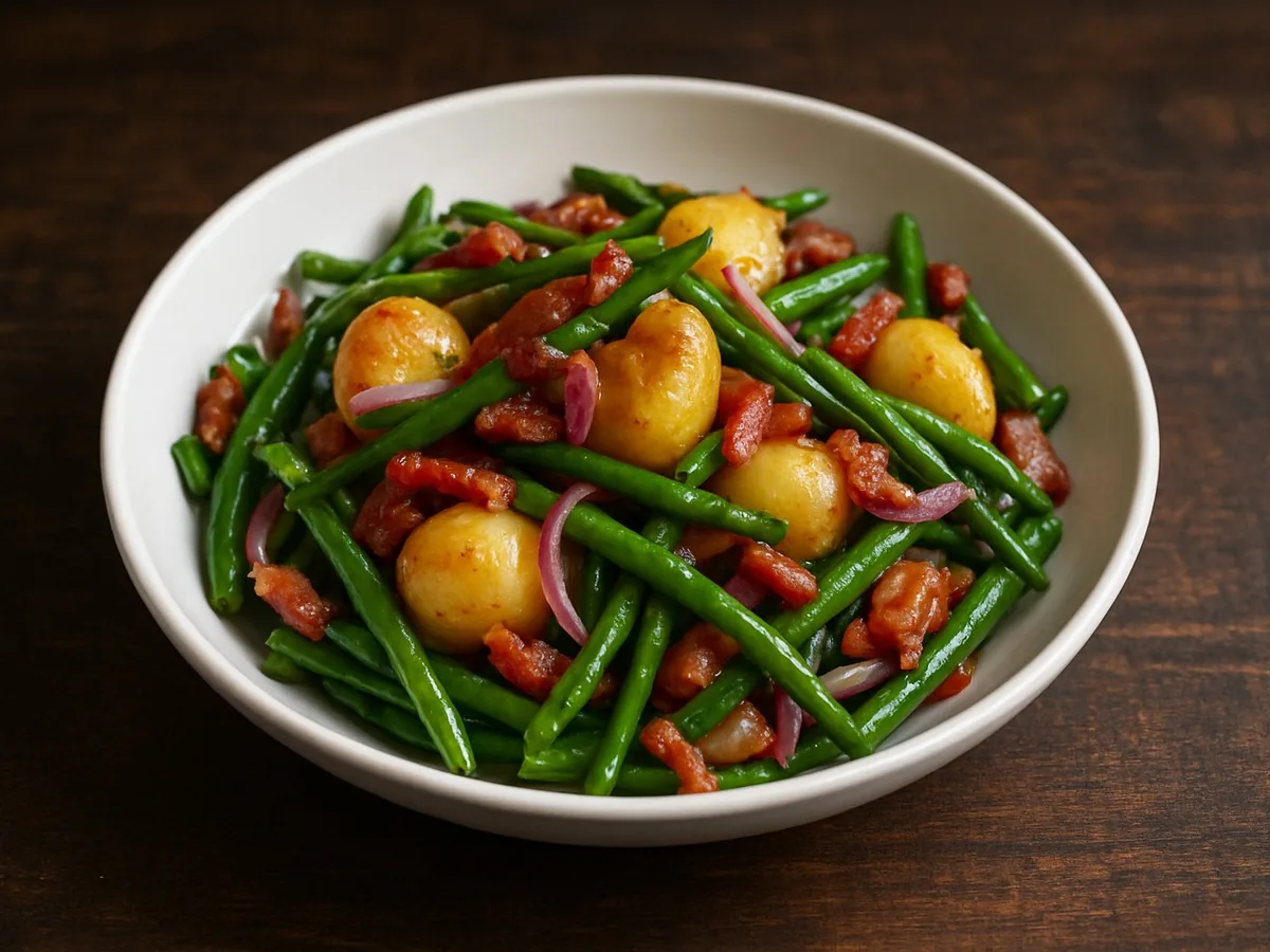 Salade liégeoise tiède de haricots verts, pommes de terre et lardons, avec oignon rouge
