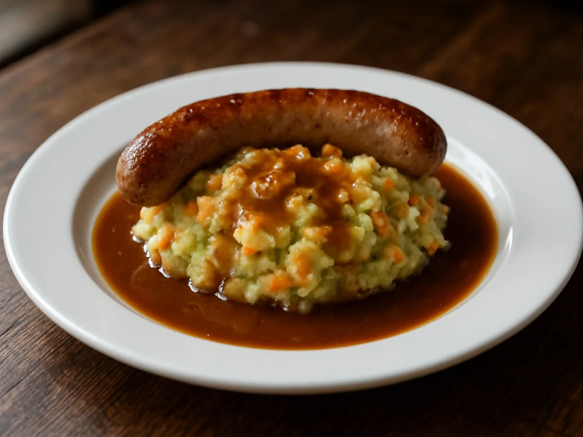 Stoemp de pommes de terre aux carottes et poireaux avec une saucisse grillée et de la sauce brune