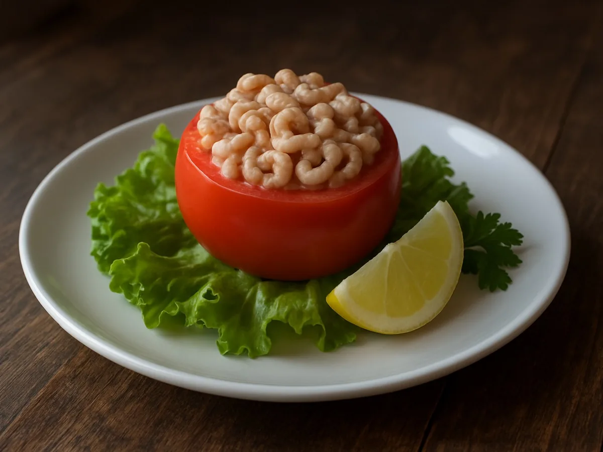 Tomate évidée garnie de crevettes grises à la mayonnaise, avec salade verte et citron