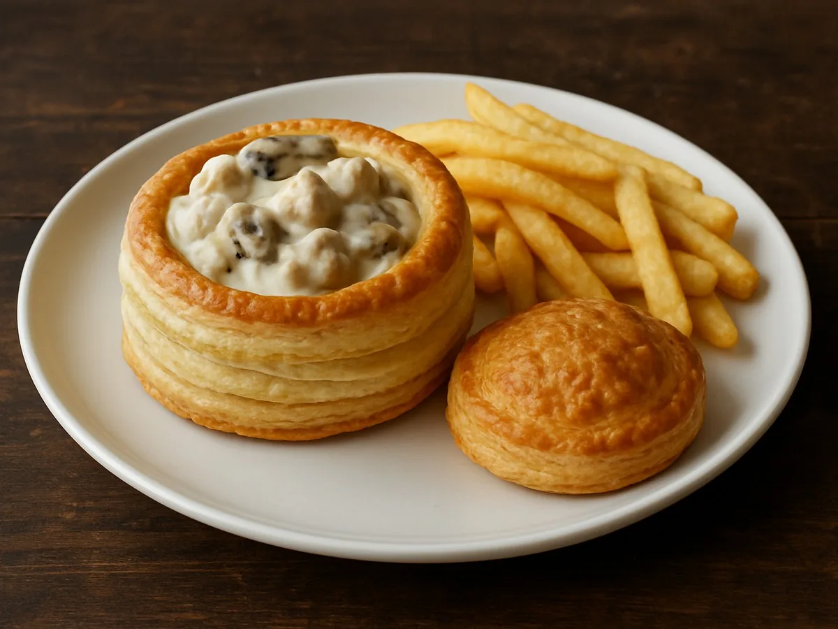 Vol-au-vent en pâte feuilletée garni de poulet et de champignons à la sauce blanche, avec son couvercle et des frites